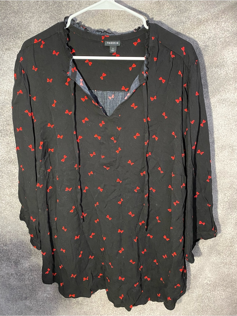 Torrid Rayon Twill Tie Neck Peasant Top Blouse Tossed Bows Black Plus Size 3 3X